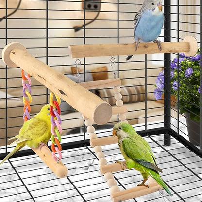 Bird Perches Ladder with Swing, Natural Wood Parrot Climbing Bridge Perch Toys, Exercise Play Stand Parakeet Cage Accessories for Budgie Cockatiel Green-Cheeked Conure Caique