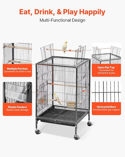 VEVOR Bird Cage, 18 x 18 x 30 inch, Open Flat Top, Wrought Iron Bird Flight Cage with Perches, Slide-Out Tray and Plastic Feeders, Casters, for Parrot, Blue Tit, Cockatiel, Canary, Budgerigar, Conure