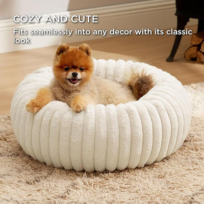 Bedsure ComfyFleece™ Donut Small Dog Bed - Dog Beds for Small Dogs with Corduroy Fleece & Anti Slip Bottom, Round Faux Fur Pet Beds with Washable Removable Cover, Cream, 23x23x7 inches