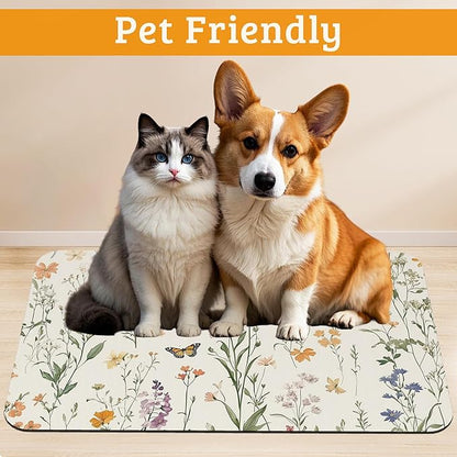 Wildflowers Butterfly Dog Cat Food Mat,Plants Absorbent Waterproof Placemat for Food and Water Non Slip Rubber Backing Durable Feeding Pad for Clean Floors 12" x 20"