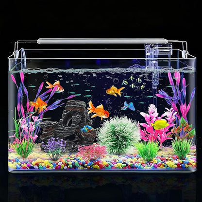 Fish Tank Accessories, Aquarium Fish Tank Plastic Plants and Cave Rock Decorations Set 10 Pieces, Small and Large Artificial Aquarium Plants with Cave Rock