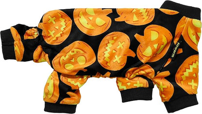 Fitwarm Halloween Pumpkin Dog Pajamas, Funny Dog Winter Clothes for Small Dogs Girl Boy, Pet Jumpsuit, Cat Halloween Costumes with Feet, Lightweight Velvet, Black, Orange, Large