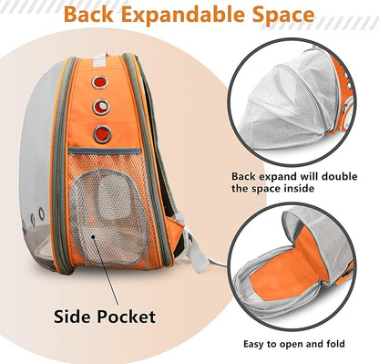 Cat Backpack Carrier Back Expandable Bubble Pet Carrier Backpack for Large Cat, Kitten and Dog, Designed for Hiking, Travelling and Outdoor Use (Back Expandable-Orange)