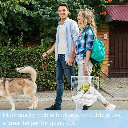 Small Bird Cage for Parakeets, Budgies & Canaries and More Small Birds - Lightweight Travel Birdcage & Bird Carrier with Handle, Stand, Removable Tray, Portable for Hanging, Outdoor Use, White
