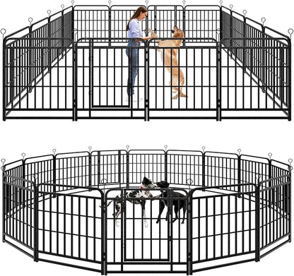 Dog Fence Outdoor 16 Piece Panels 32" Height, Square Steel Pipe with Reinforced Crossbars, Anti-Rust Heavy Duty Dog Playpen with Doors Portable for Yard RV Camping, Total 36FT, 103 Sq.ft, Snowy Black