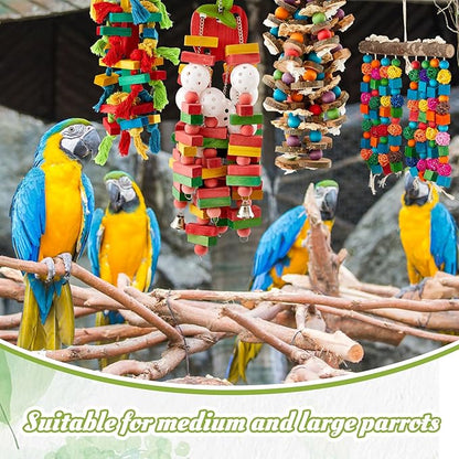 4 Pcs Extra Large Bird Parrot Toy Multicolored Natural Wooden Parrot Cage Chewing Toys for Large Medium Macaws Cockatoos African Grey Birds (Block and Ball)
