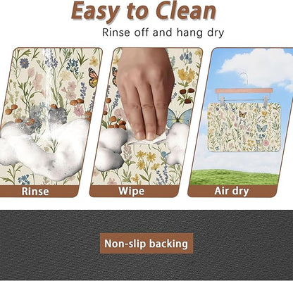 Wildflowers Dog Cat Food Mat,Vintage Botanical Garden Plants Herb Butterfly Absorbent Pet Feeding Mat for Food and Water,Non-Slip Dog Bowl Mats Floor Protector 12"x20"