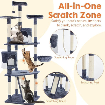 DUMOS Tall 79in Cat Tree Tower, Large Multi Level Cats Climbing Tower with Condo, Natural Sisal Scratching Posts, Extended Platform, Basket, Pet Tree House for Indoor Cats Play, Dark Grey
