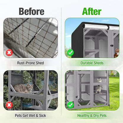 Kingling Outdoor Cat House Cover for Winter, Waterproof and Dustproof Protection Cover for Large Cat Cage Condo Black - 63" L x 32" W x 71" H inch(Cover Only)
