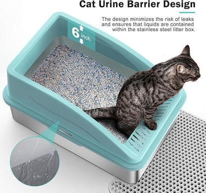 Stainless Steel Litter Box | XL Enclosed Cat Litter Boxs with Lid for Big Cats | High Sided, Anti-Urine Leakage | Non-Stick Bottom & Includes Litter Mat & Metal Scoop (Turquoise, X-Large)