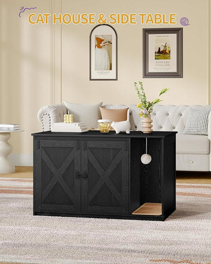 Cat Litter Box Enclosure, Hidden Litter Box Cabinet Furniture with Bell, Indoor Cats House, Farmhouse Style, 39.4 x 21.7X 24.8 Inches for Hallway, Bedroom, Black CB85204X