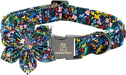 Lionheart glory Dog Collar Darkblue Flower Dog Bow Collars Floral Dog Collar with Flower Male or Female Spring Fall Pet Gift Durable Adjustable Dog Collar for Medium Dogs, B:Garden