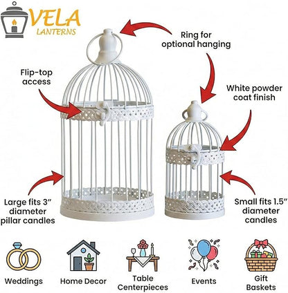 Vela Lanterns Bird Cage Decor Candle Holder Lantern Decorative Wedding Table Centerpiece Decorations, 10" and 6" Tall, White, Set of 2