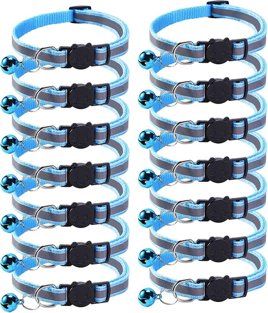 14 Pack Breakaway Cat Collar with Bell, Reflective Kitten Collar for Girl Boy Cats, Safety Buckle Adjustable 7.5-12.5 Inch, 0.4 Inch Width Lightweight, Pet Gifts (Sky Blue)