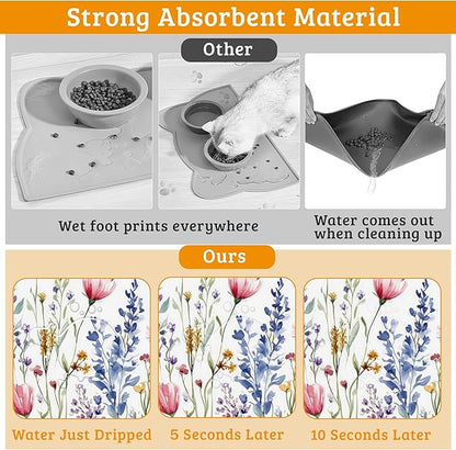 Flowers Butterfly Dog Food Mat,Colorful Absorbent Pet Feeding Mat for Food and Water Bowl,Quick Dry Dog Placemat Non Slip Rubber Backing Waterproof Pet Supplies 16" x 24"