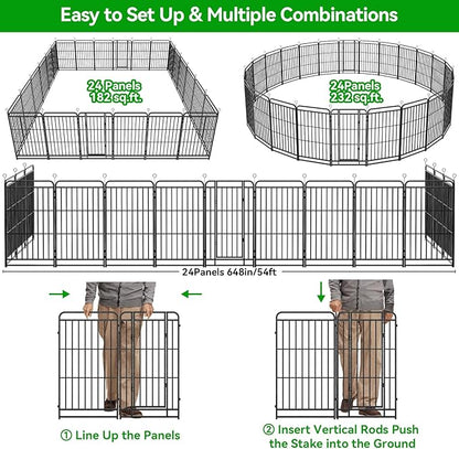 Heavy Duty Dog Playpen: 24 Steel Panels 47" Height, Square Steel Pipe with Reinforced Crossbars, 54FT 227 Sq.ft Portable Fence for Yard RV Camping, Snowy Black