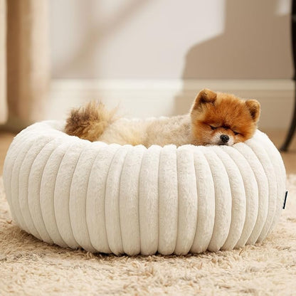 Bedsure ComfyFleece™ Donut Small Dog Bed - Dog Beds for Small Dogs with Corduroy Fleece & Anti Slip Bottom, Round Faux Fur Pet Beds with Washable Removable Cover, Cream, 23x23x7 inches
