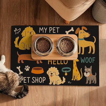 Cute Happy Dog Pattern Design Pet Food Mat 20" x 12" Fun Easy Clean Pet Feeding Mat Absorbent Cat Bowl Mat Non Slip Dog Foods Mats Pets Placemat for Dogs and Cat Feeding