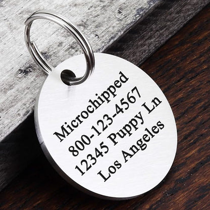 Ultra Joys Stainless Steel Pet ID Tags - Personalized Front and Back Engraving, Customized Dog and Cat Tags, Optional Engraved on Both Sides, Round Mountain Top, Silver Large