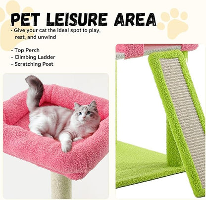 DWVO 68" Tall Cactus Cat Tree: Cats Tower with Sisal Scratching Posts, Kittens Hideout Pet House - Multi-Level Indoor Activity Center for Climbing Play, Green & Pink