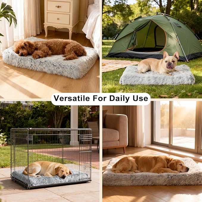 Fluffy Orthopedic Dog Beds for Large Dogs with Washable Removable Cover Dog Crate Bed Egg Crate Foam Support Plush Pet Pad Mat with Anti-Slip Bottom(Grey,42 * 28)