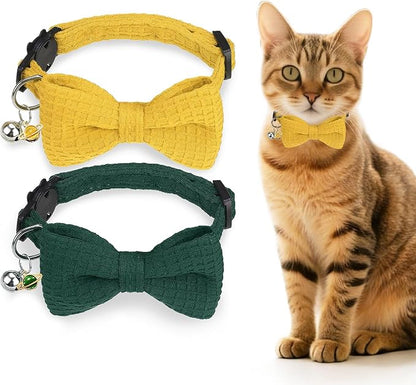 Cat Collar Breakaway with Bells, Soft Cotton Green Cat Bowtie Collar for Girl Boy Cats, Small Cats Collar with Bow for Spring Summer,2 Pack Cute Kitten Collars with Removable Bowtie 8-12Inch