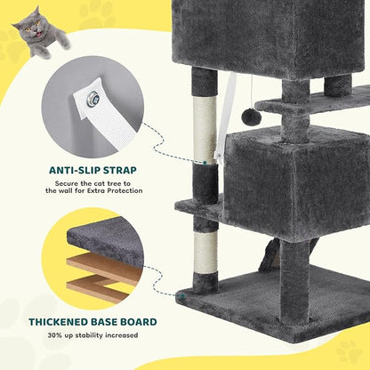 Cat Tree 54 Inch, Multi-Level Cat Tower with Condo, Perches, Sisal Scratching Posts and Climbing Ladder, Pet Play Toy Balls House for Indoor Cats, Dark Grey