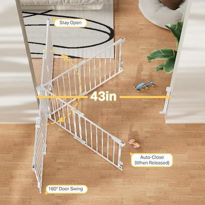 Cumbor 2 Pack 29.2-43" No Bottom Bar Baby Gate for Stairs, 2-in-1 Auto Close Dog Gate Indoor, Hardware Mounted Pet Gate for Doorways with Large Walk Thru Door, Child-Proof Safety Gate for Kids (White)