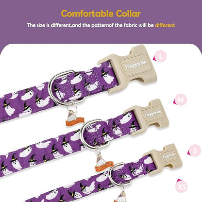 Faygarsle Halloween Dog Collar with Charm, Purple with Ghost Pattern, Adjustable Pet Collar for Small Medium Large Dogs,M