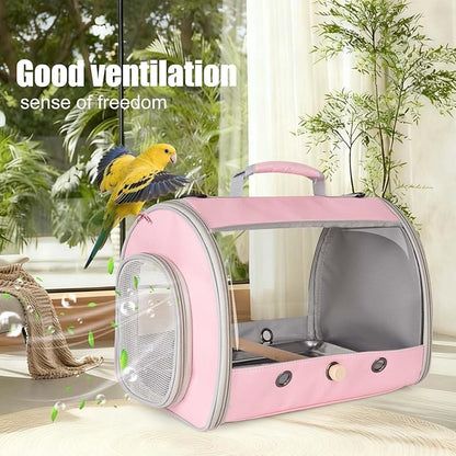 Long Tail Bird Travel Carrier Cage with Tray and Stand Perch, Portable Lightweight Clear Windows Carry Bag for Parakeet Budgies Cockatiel Transport to Vet (Pink, Cylinder Design - Clear)