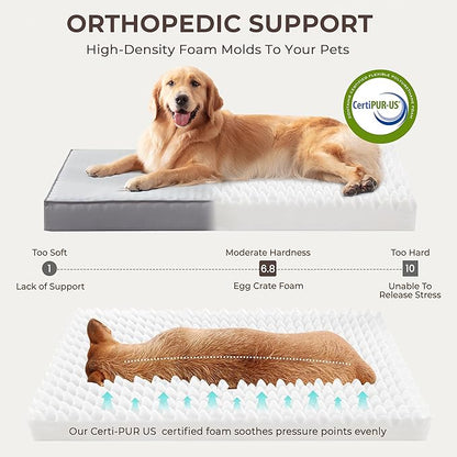 2-Pack Waterproof Dog Bed Large Size Dogs, Plush Cushion & Orthopedic Egg-Crate Foam Mattress for Senior Dogs, Washable Dog Crate Bed with Removable Cover, Light Grey