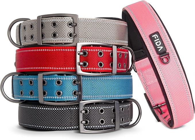 Fida Heavy Duty Dog Collar 1.5” Width, Ultra Soft Neoprene Padded, Adjustable Reflective Nylon Pet Collar with Two Metal Pin Belt Buckle for Large/X-Large Breeds (XL, Grey)