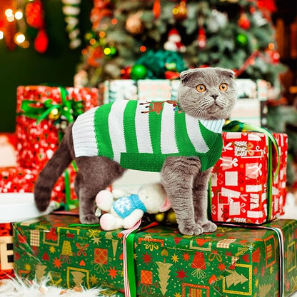 Christmas Dog Sweaters Xmas Pet Outfits Striped Elk Costume Holiday Clothes Gifts Puppy Cat Knitted Jumpers (XS,Green White Stripe Elk)