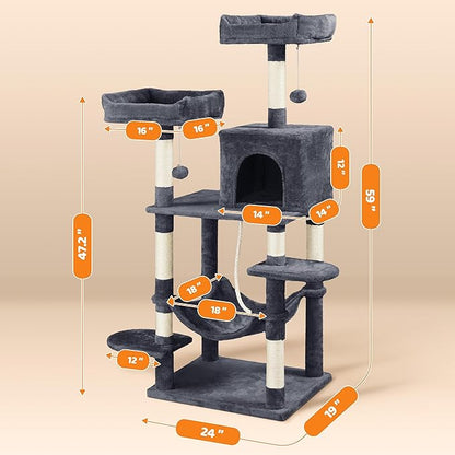 Yaheetech 59in Cat Tree Large Cat Tower with Scratching Posts, Pet Play House Climber Activity Center with Condo and Anti-Dump Device for Kittens/Cats, Dark Gray