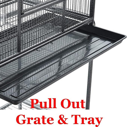 64" Extra Large Tight 1/2-Inch Bar Spacing Wrought Iron Flight Canary Parakeet Cockatiel Lovebird Finch Home Cage Side Nesting Box Doors with Removable Rolling Stand
