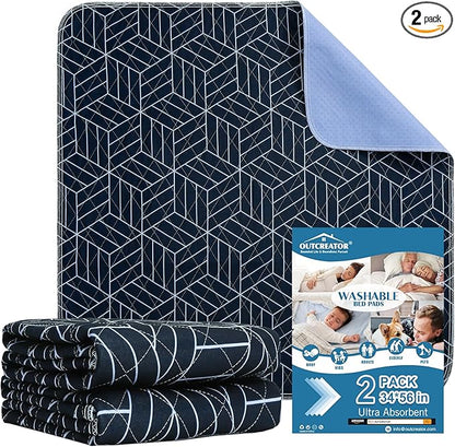 OUTCREATOR® Washable Bed Pads 34" x 56" (Pack of 2), Incontinence Mattress Protector, Anti-Slip Waterproof Underpads for Adults Kids Elderly Pets, Absorbency & Reusable Bedwetting Pads (Navy Blue)