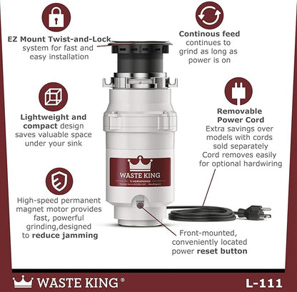 Waste King Garbage Disposal for Kitchen Sink with Power Cord,Compact Food Waste Disposer,L-111,(Pack of 2)