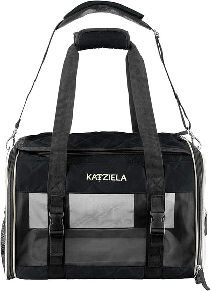 Katziela Deluxe Quilted Airline Approved Pet Dog & Cat Carrier for Airplane Travel (Large, Black)