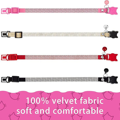 Weewooday 4 Pieces Rhinestones Cat Collars Breakaway Cat Collar with Bell Bling Pet Accessories with Soft Velvet, 4 Colors(XS,Gold, Red, Pink, Black)