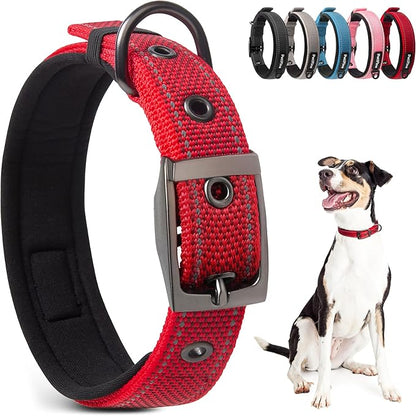 PetiFine Dog Collar with Metal Buckle, Heavy Duty Dog Collar with Soft Neoprene Padded, Adjustable Reflective Nylon Dog Collars for Small Medium Large Dogs, Red,S