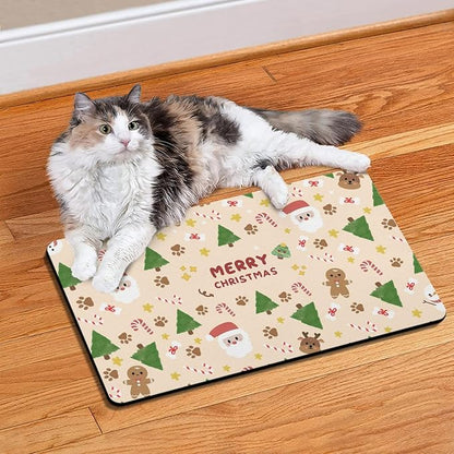 Christmas Dog Food & Water Mat, Paw Prints Santa Claus Snowman Xmas Pet Feeding Mat for Floor Non-Slip Waterproof, Super Absorbent Cat Bowl Mat, Easy to Clean Pet Placemat,12" × 20"