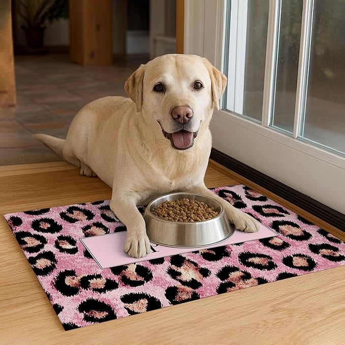 Puppy Feeding Mat 24x16 inch Pink Leopard Print Pet Bowl Placemat Non Slip Floor Mat for Food and Water Indoor Dog Feeding Station Cute Meal Pad for Small Pets Kitchen Use