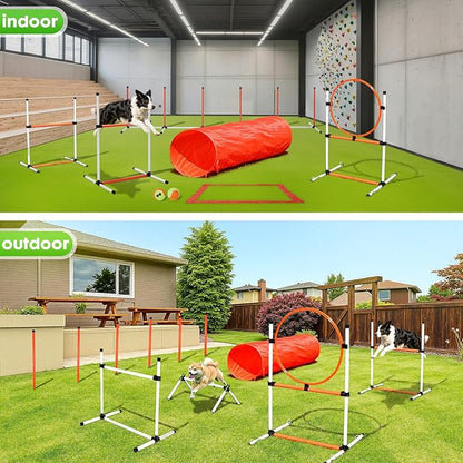 Dog Agility Course Backyard Set, Dog Agility Equipment, Pet obstacle Course Backyard with 6 Dual Mode Weave Poles, 2 Adjustable Hurdle, Jump Ring, Tunnel, Pause Box, Toy Balls and 2 Carrying Bags