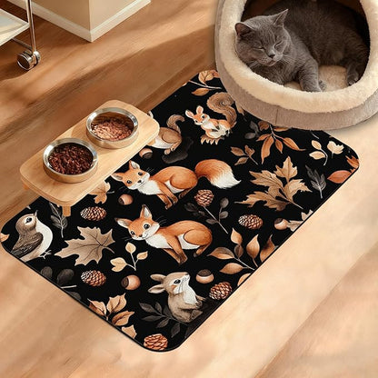 Cute Squirrel Dog Cat Food Mat,Bird Fox Absorbent Waterproof Placemat for Food and Water Non Slip Rubber Backing Durable Feeding Pad for Clean Floors 16" x 24"
