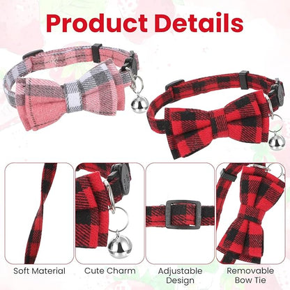 6Pcs Cats Bowtie Collar with Bell, Breakaway Cats Collars, Classic Plaid Kitten Cat Collars Adjustable Cat Bowtie Collar with Pendants for Quick Release for Small Pet