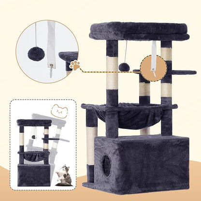 Heybly Cat Tree, Kitten Tower with Large Soft Cat Basket, Cat Condo with Spacious Cat Bed Cave with Hidden Space, Sisal-Covered Scratching Posts, Dangling Ball for Indoor Cats, Smoky Gray HCT008SG