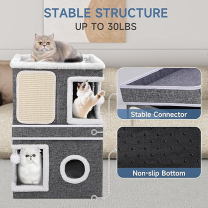 Shikha 2-Storey Cat Houses for Indoor Cats, Dual-Purpose Double Large Cat Beds Cave with Hideaway Condos, Scratch Pads, Fluffy Balls, Foldable Indoor Cat Cube House for Multi Small Pets Kitten, Grey