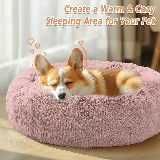 JOLLYVOGUE Calming Dog Bed Large Size Dog, Anti-Anxiety Donut Large Pet Bed, 36 inches Fluffy Faux Fur Round Cat Bed, Fits up to 75 lbs Pets (Dark Pink)