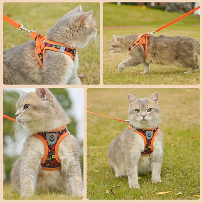 SCENEREAL Fall Thanksgiving Cat Harness and Leash Set Escape Proof, Soft Mesh Kitten Harness for Walking Travel, Reflective Adjustable Pet Vest with Leaf Print for Cat Puppy, S