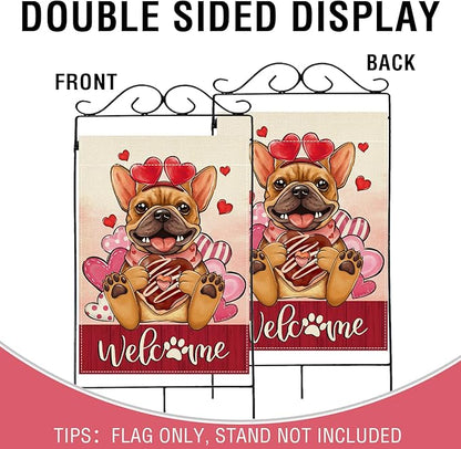Artofy Welcome Valentines Day French Bulldog Dog Large Decorative House Flag, Red Pink Heart Yard Garden Outside Decor Pet Lover Gift, Anniversary Wedding Outdoor Home Decoration Double Sided 28 x 40